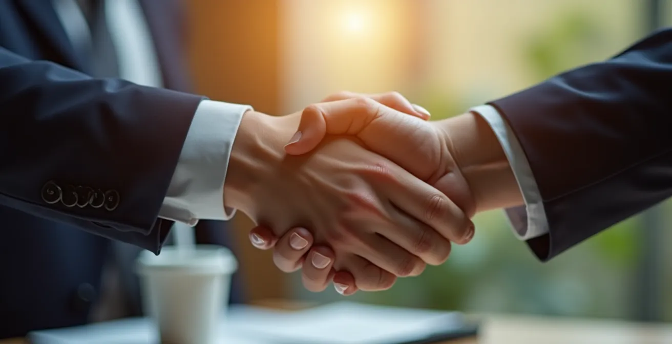 Poignée de main symbolisant un partenariat de confiance lors d'une négociation avant procédure collective