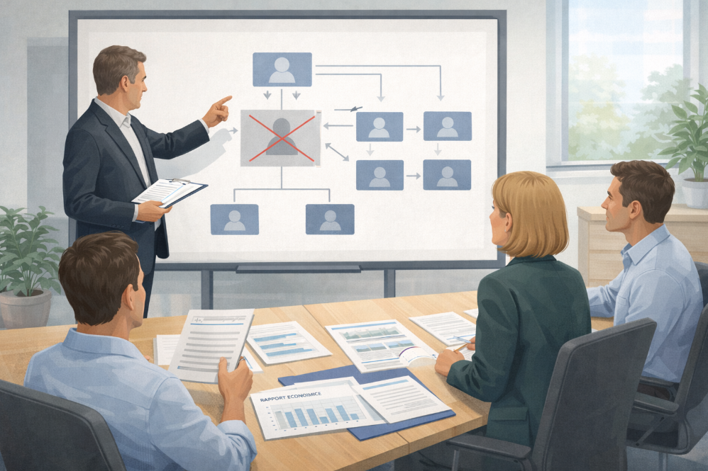 Illustration professionnelle montrant une réunion d’analyse juridique en entreprise