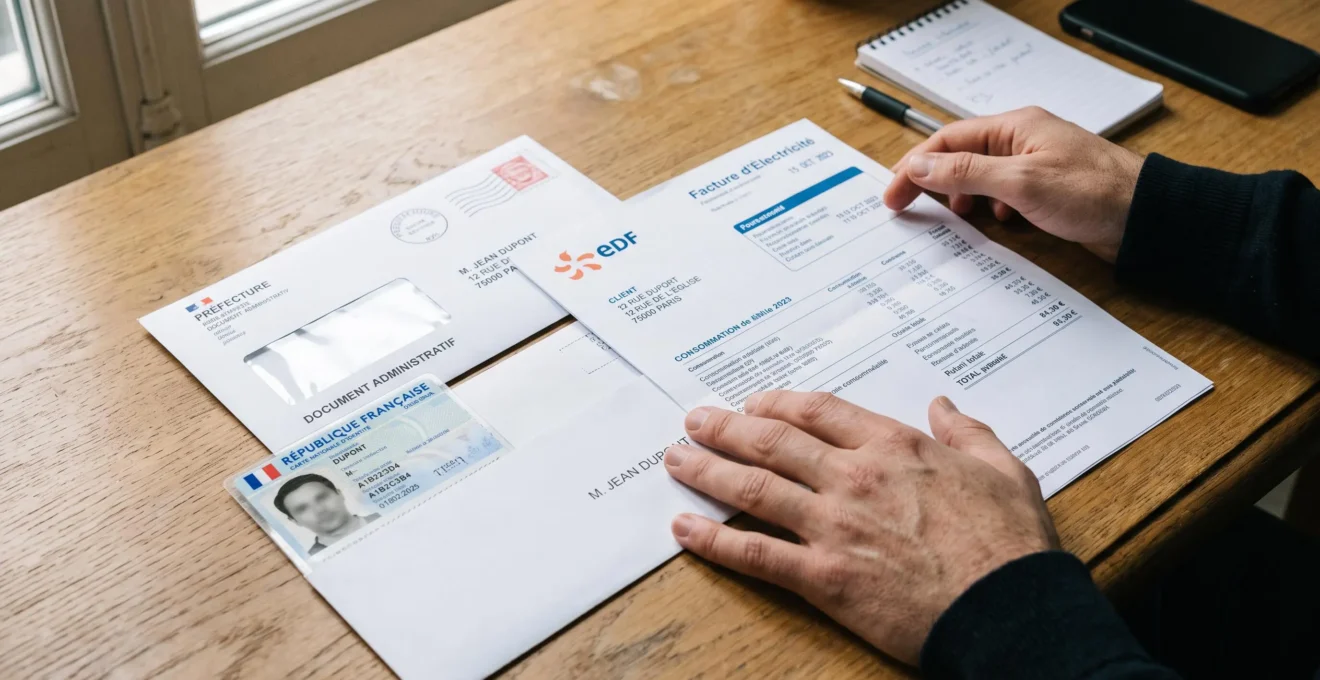 Documents administratifs français organisés sur un bureau : carte d'identité et justificatifs de domicile nécessaires à l'ouverture d'un compte bancaire