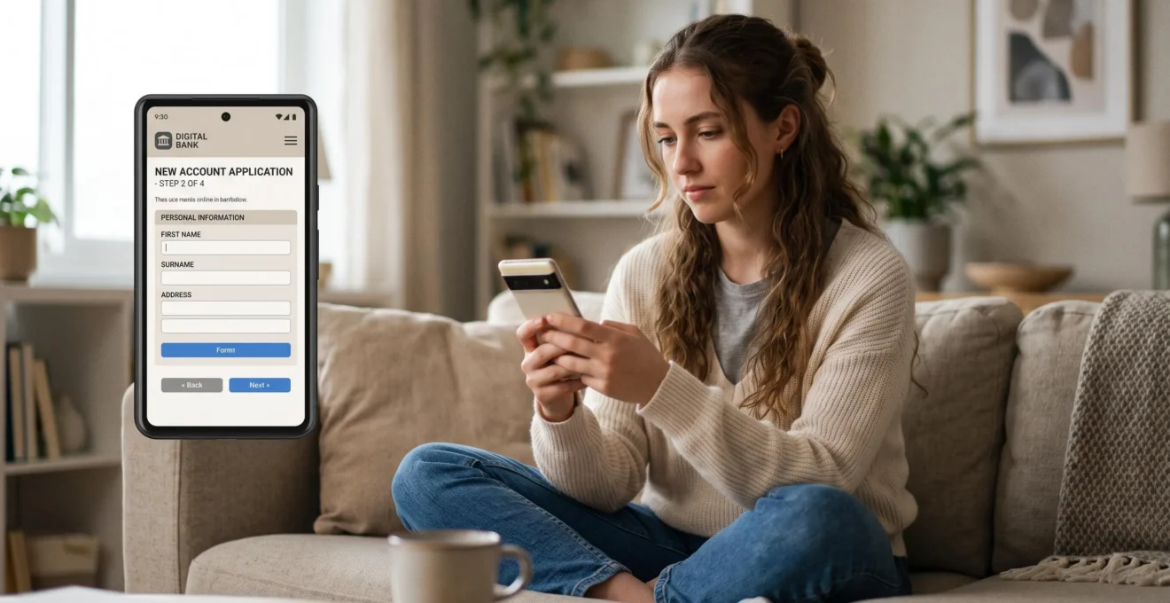 Jeune personne utilisant un smartphone pour remplir un formulaire d'ouverture de compte bancaire en ligne depuis son domicile