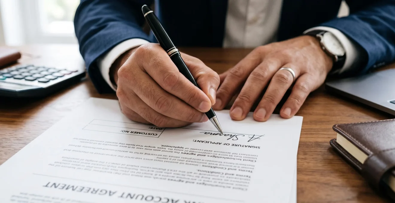 Main signant un contrat d'ouverture de compte bancaire avec un stylo sur un document officiel